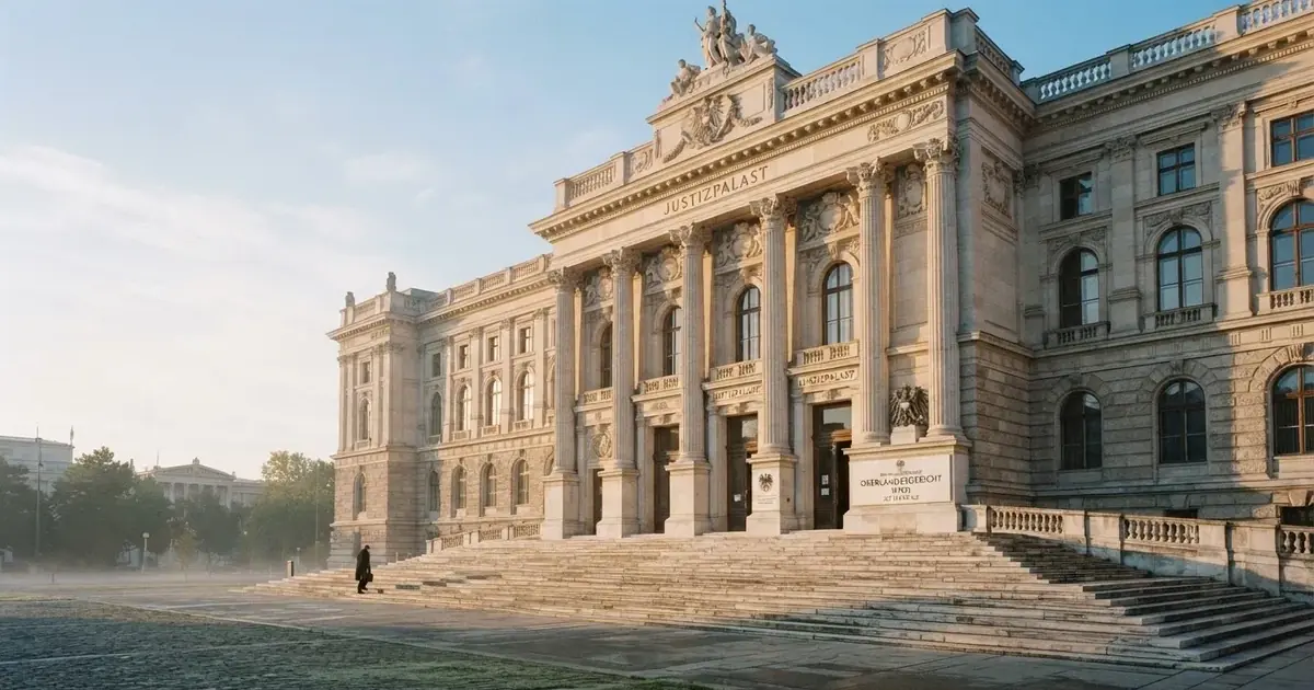 Wiener Gerichtsgebäude mit Säulenfassade im weichen Morgenlicht, ohne erkennbare Personen oder Schilder.