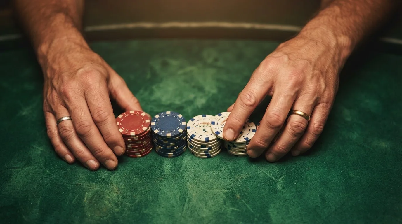 Nahaufnahme zweier Hände, die Spielchips auf einem grünen Tisch sortieren, ohne weitere Details im Hintergrund.
