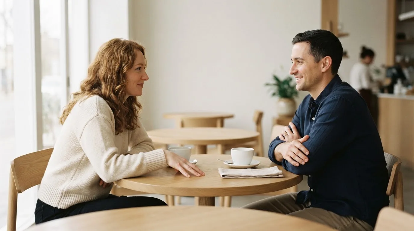 Zwei Personen sitzen an gegenüberliegenden Enden eines Cafétischs und unterhalten sich locker am Nachmittag.