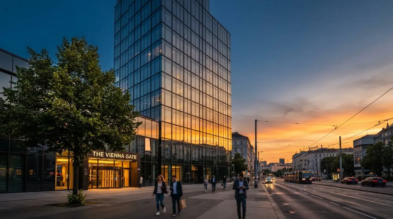 Modernes Glasbürogebäude in Wien bei Sonnenuntergang, aufgenommen von einer belebten Straße aus.